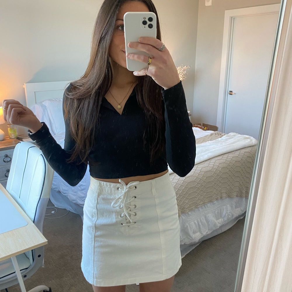 White Jean Mini Skirt Lace Up- Forever 21 size Small
